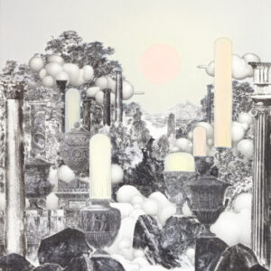 Vista with Statue of Minerva Art by Anouk Mercier of waterfalls print, colour pencil, graphite