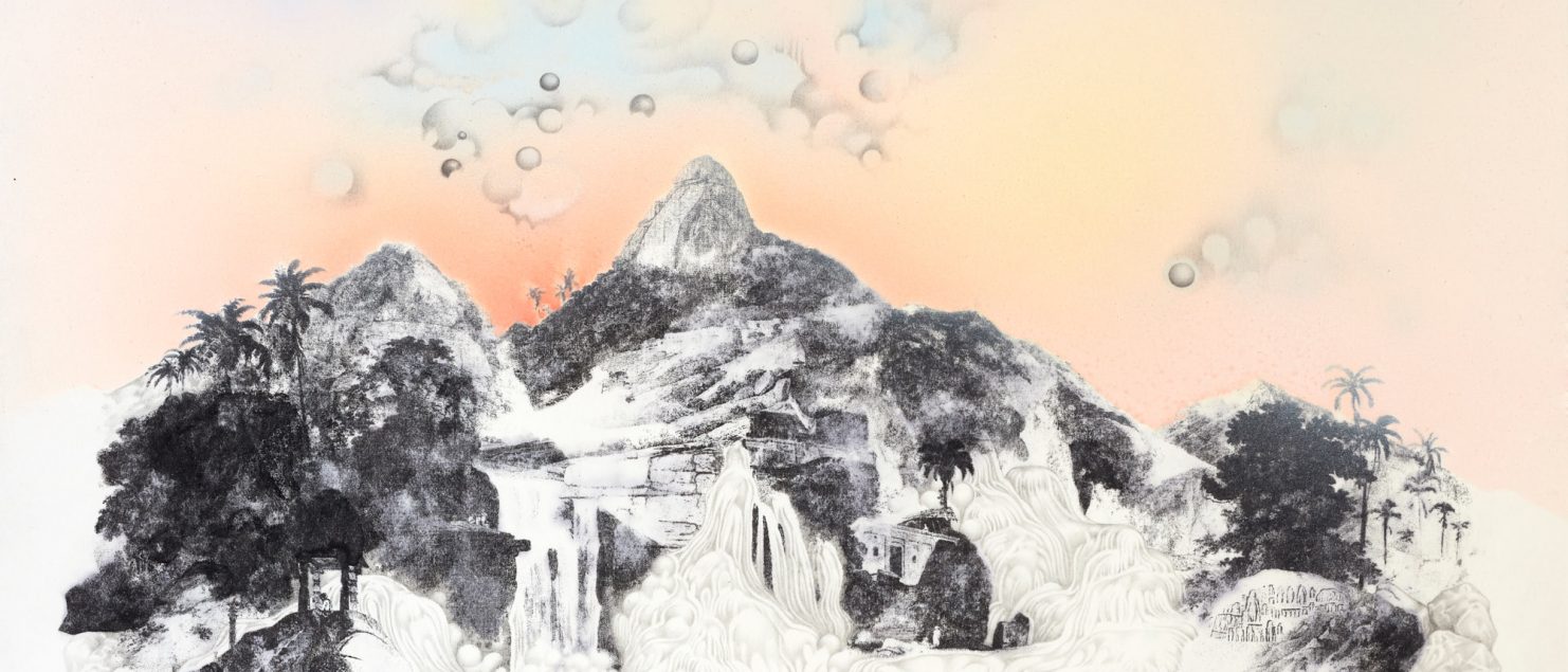 And the Falls Unfurled, Overlooked by the Ancient Mountain Art by Anouk Mercier of mountains