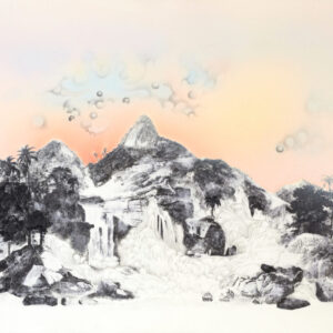 And the Falls Unfurled, Overlooked by the Ancient Mountain Art by Anouk Mercier of mountains